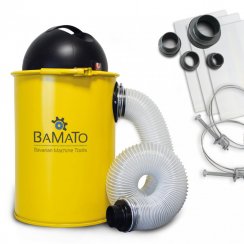 Pohled na odsavač pilin BAMATO AB-110 s adaptéry, filtry a svorkami